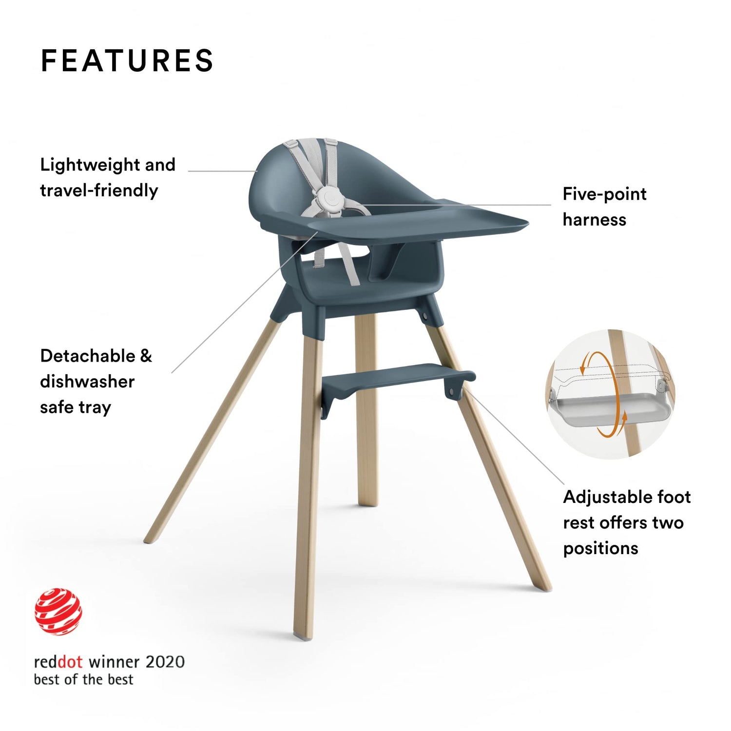 Stokke Clikk High Chair, Fjord Blue - All-In-One High Chair with Tray + Harness - Light, Durable &amp; Travel Friendly - Ergonomic with Adjustable Features - Best for 6-36 Months or Up to 33 lbs