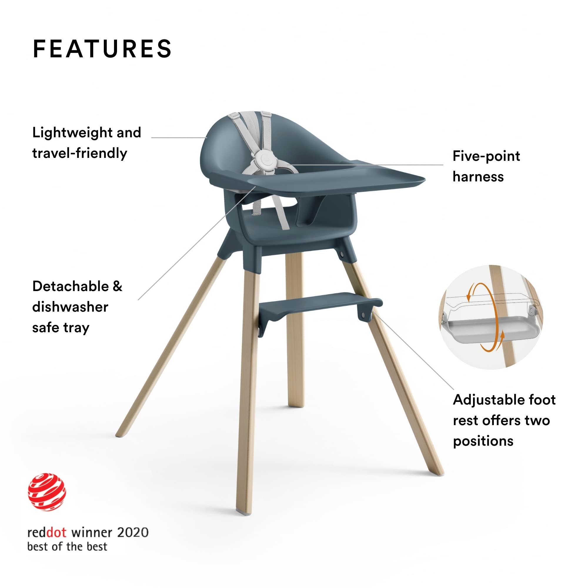 Stokke Clikk High Chair, Fjord Blue - All-In-One High Chair with Tray + Harness - Light, Durable &amp; Travel Friendly - Ergonomic with Adjustable Features - Best for 6-36 Months or Up to 33 lbs