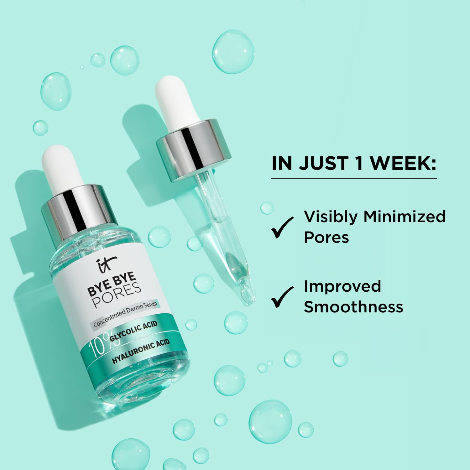 IT Cosmetics Bye Bye Pores 10% Glycolic Acid Face Serum - Visibly Minimizes Pores In 1 Week &amp; Gently Exfoliates to Help Refine Skin’s Texture - With Hyaluronic Acid for Hydration -1 Fl. Oz