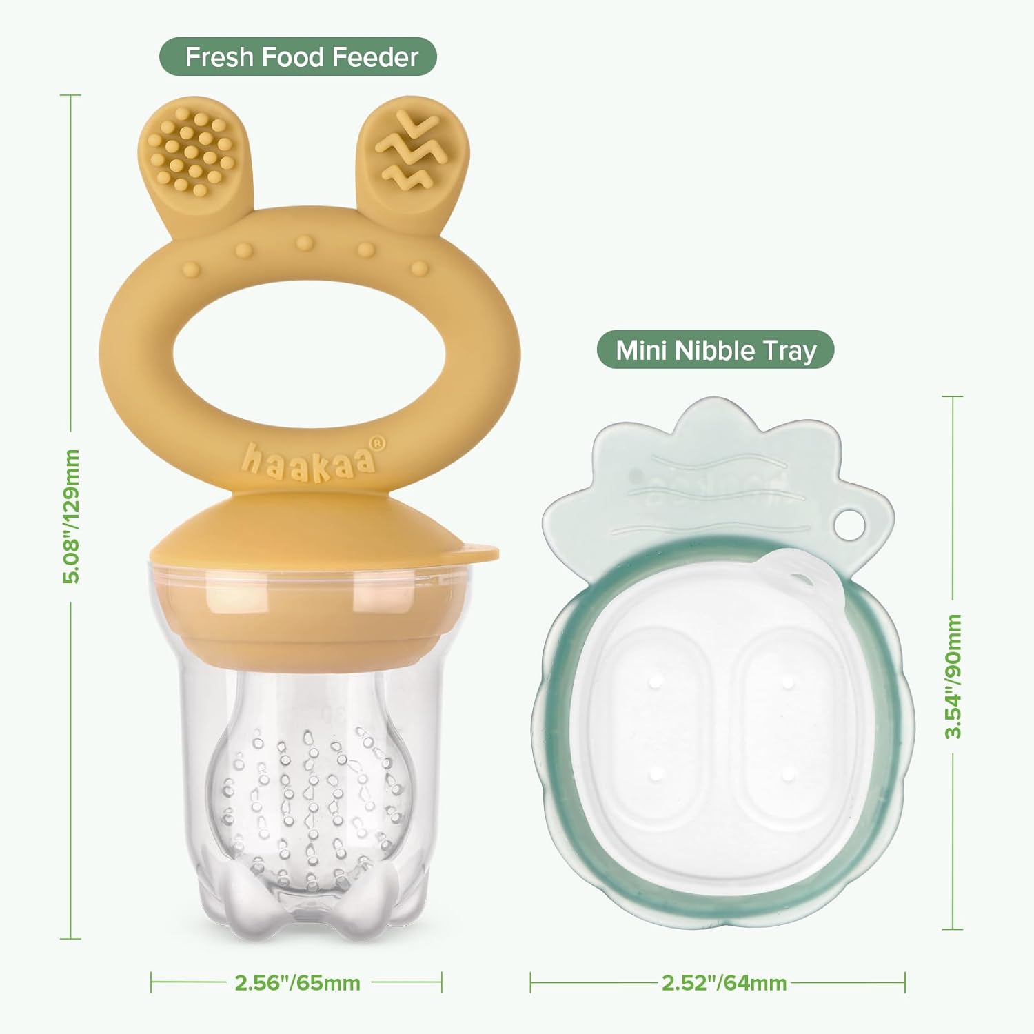 Haakaa Baby Fruit Food Feeder &amp; Mini Freezer Nibble Tray Combo, Breastmilk Popsicle Molds for Cooling Relief, BPA Free Silicone Feeder for Safe Infant Self Feeding, 4 Month+ (Pea Green)