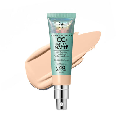 IT Cosmetics CC+ Cream Natural Matte Foundation with SPF 40 - Shine-Reducing &amp; Long-Wear Full Coverage Foundation For Oily Skin - With Hyaluronic Acid - Fragrance Free &amp; Non-Comedogenic - 1.08 fl oz