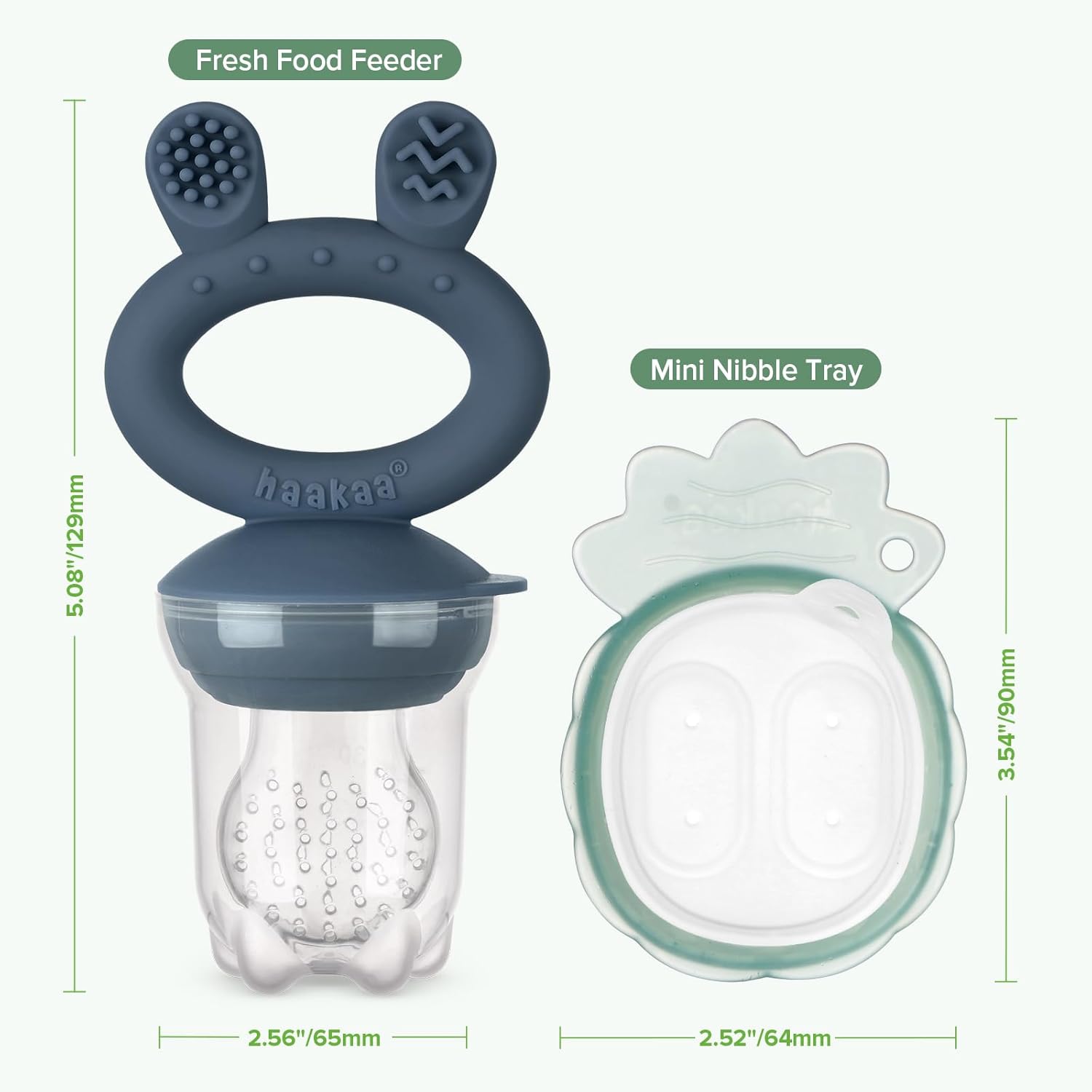 Haakaa Baby Fruit Food Feeder &amp; Mini Freezer Nibble Tray Combo, Breastmilk Popsicle Molds for Cooling Relief, BPA Free Silicone Feeder for Safe Infant Self Feeding, 4 Month+ (Pea Green)