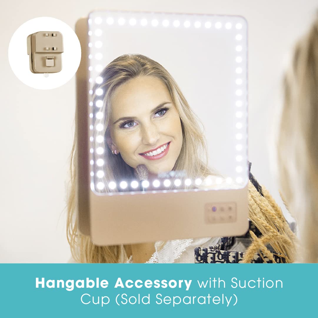 Glamcor Riki Skinny Smart Vanity Mirror with HD LEDs, Magnifying Mirror Attachment, Phone Holder and Bluetooth Control (Champagne Gold, 5X Magnification)