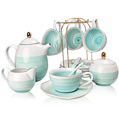 Sweejar Porcelain Tea Sets, 8 OZ Cups &amp; Saucer Service for 4, Teapot Sugar Bowl Cream Pitcher Teaspoons and Tea Strainer for Adult Tea Coffee Afternoon Party(Blue)