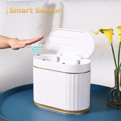 ELPHECO Mini Desktop Trash Can with Lid, Small Slim Automatic Garbage Can, 1.3 Gallon Motion Sensor Countertop Waste Basket for Bedroom, Office, Bathroom, White with Grey Trim