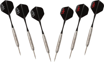 Viper Stadium Cabinet &amp; Shot King Sisal/Bristle Dartboard Ready-to-Play Bundle with Two Sets of Steel-Tip Darts, Throw Line, and Dry Erase Scoreboards, Walnut Finish