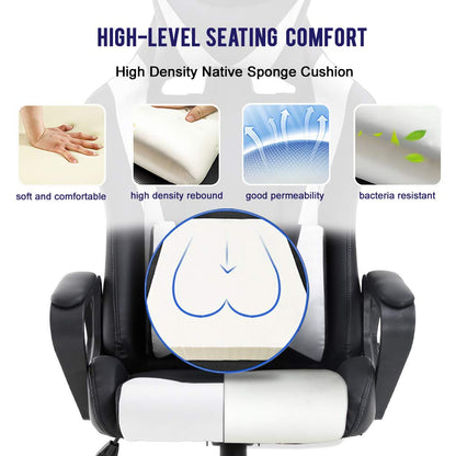 Ergonomic Office Chair, High-Back White Gaming Chair with Lumbar Support PC Computer Chair Racing Chair PU Task Desk Chair Ergonomic Executive Swivel Rolling Chair for Back Pain Women, Men (Black)