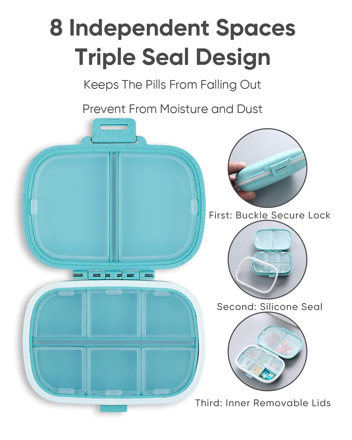 Holii Travel Pill Organizer, 8 Compartments Portable Pill Case, Daily Pill Box to Hold Vitamins, Small Pill Container for Pocket Purse Medicine Organizer（Khaki）