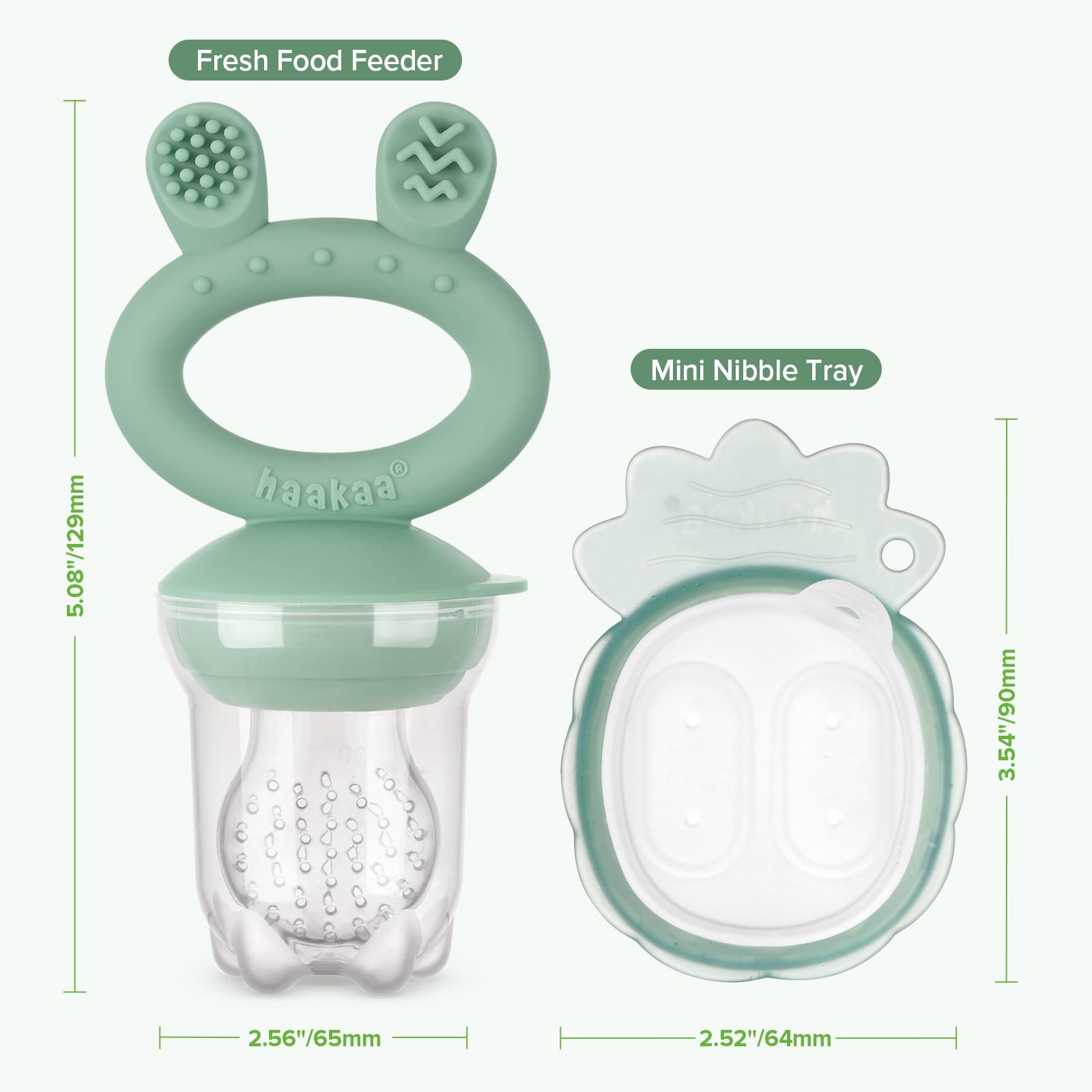 Haakaa Baby Fruit Food Feeder &amp; Mini Freezer Nibble Tray Combo, Breastmilk Popsicle Molds for Cooling Relief, BPA Free Silicone Feeder for Safe Infant Self Feeding, 4 Month+ (Pea Green)