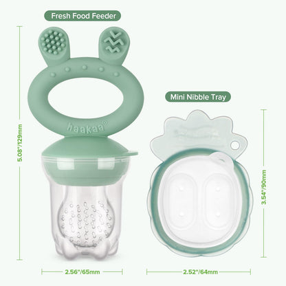 Haakaa Baby Fruit Food Feeder &amp; Mini Freezer Nibble Tray Combo, Breastmilk Popsicle Molds for Cooling Relief, BPA Free Silicone Feeder for Safe Infant Self Feeding, 4 Month+ (Pea Green)