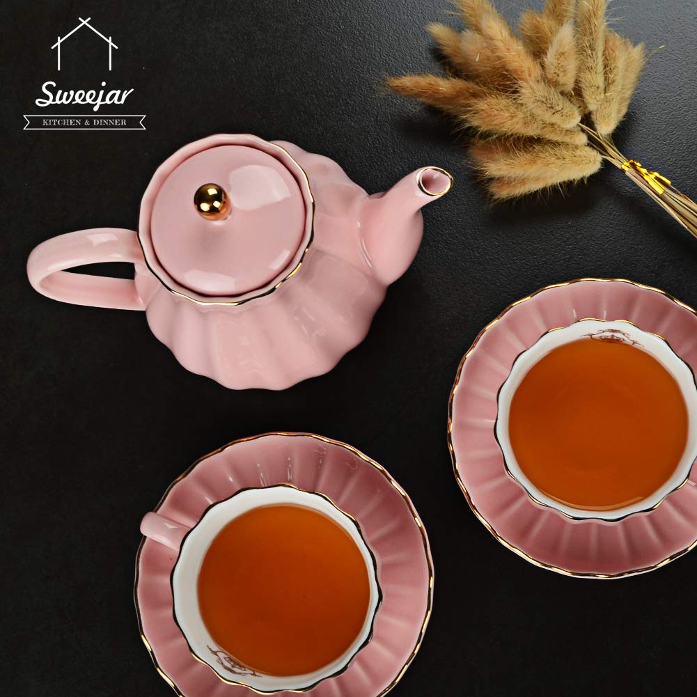 Sweejar Royal Ceramic Sugar and Creamer Set with Lid, 28 oz Teapot with Removable Stainless Steel Infuser,Blooming &amp; Loose Leaf Teapot offee Serving Set Wedding Gift(Pink)