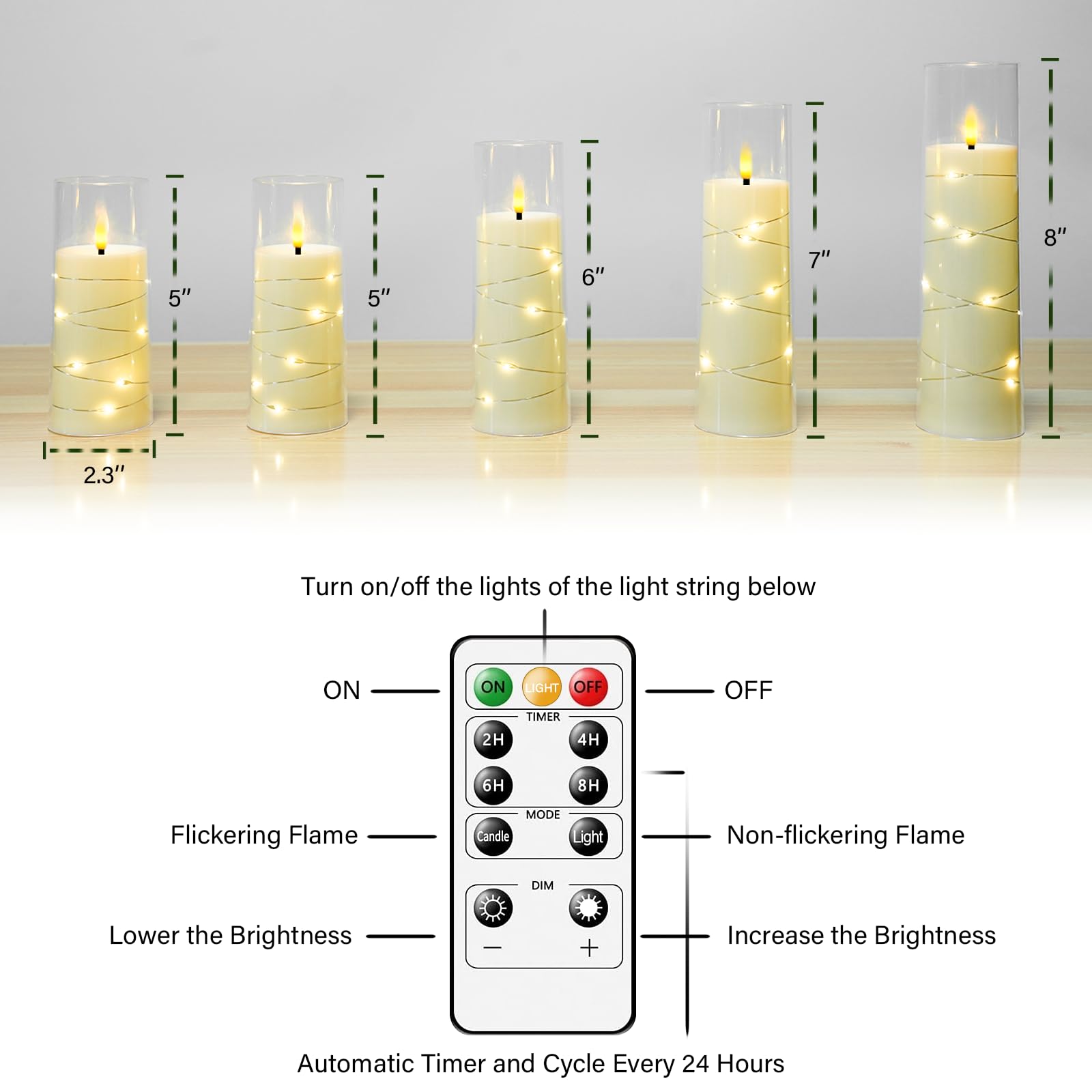 Flameless LED Candles with Timer 5 Pc Flickering Flameless Candles for Romantic Ambiance and Home Decoration Stable Acrylic Shell,with Embedded Star String，Battery Operated Candles（Grey）