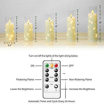 Flameless LED Candles with Timer 5 Pc Flickering Flameless Candles for Romantic Ambiance and Home Decoration Stable Acrylic Shell,with Embedded Star String，Battery Operated Candles（Grey）