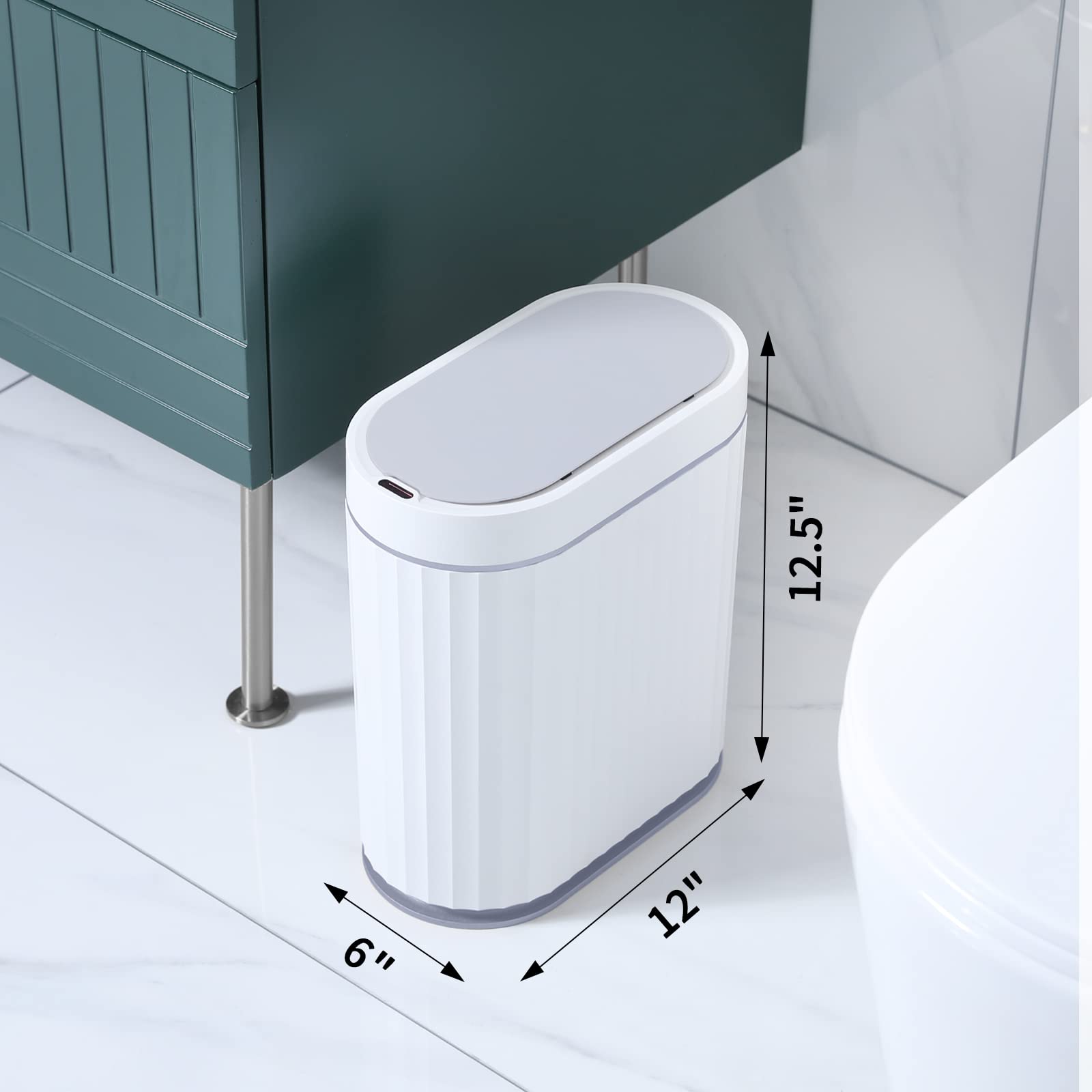 ELPHECO Mini Desktop Trash Can with Lid, Small Slim Automatic Garbage Can, 1.3 Gallon Motion Sensor Countertop Waste Basket for Bedroom, Office, Bathroom, White with Grey Trim