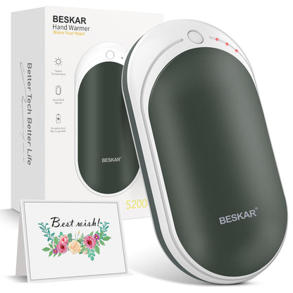 BESKAR Rechargeable Hand Warmer, 5200mAh Electric Hand Heater, Double-Sided Heating, USB Quick Charge, Portable Pocket Hand Warmer for Outdoor, Golf, Raynauds - Winter Gift