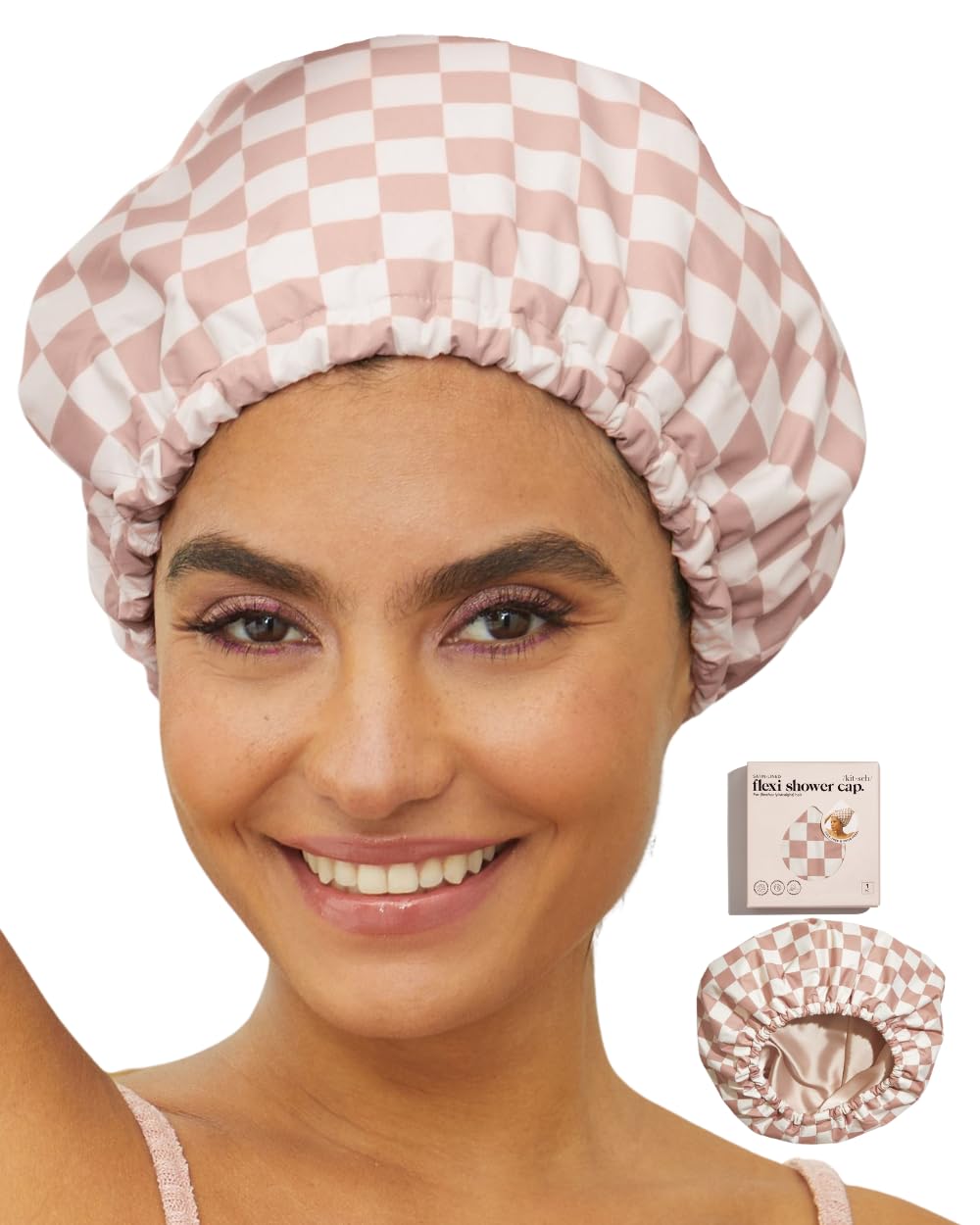 Kitsch Luxury Shower Cap for Women - Reusable Shower Cap for Long Hair with Non Slip Silicon Grip | Waterproof Hair Cap for Shower with One Size Fits Most | Stylish Hair Cover for Shower (Blush Dot)