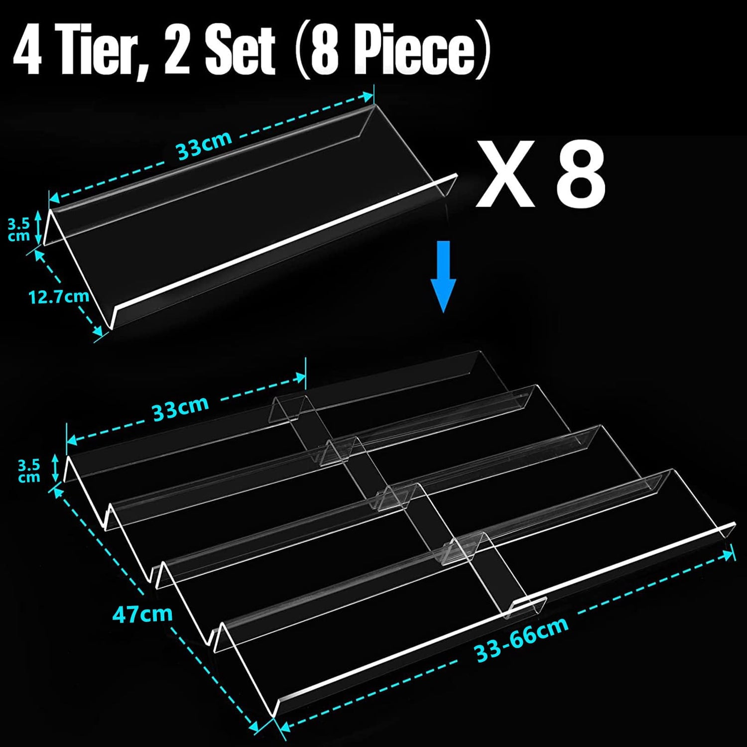 Clear Acrylic Spice Drawer Organizer, 4 Tier- 2 Set Expandable From 33 cm to 66 cm Seasoning Jars Drawers Insert, Kitchen Spice Rack Tray for Drawer/Countertop (Jars and Labels not included)