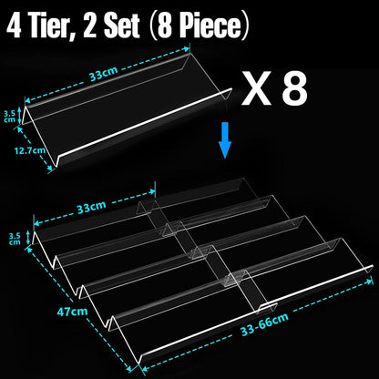 Clear Acrylic Spice Drawer Organizer, 4 Tier- 2 Set Expandable From 33 cm to 66 cm Seasoning Jars Drawers Insert, Kitchen Spice Rack Tray for Drawer/Countertop (Jars and Labels not included)
