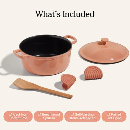 Our Place Cast Iron Perfect Pot | 6-in-1 Multifunctional 5.5 Qt. Toxin-Free Enameled Dutch Oven with Self-Basting Lid | Hot Grips &amp; Beechwood Scraper | Induction Cooktop and Oven Safe | Spice