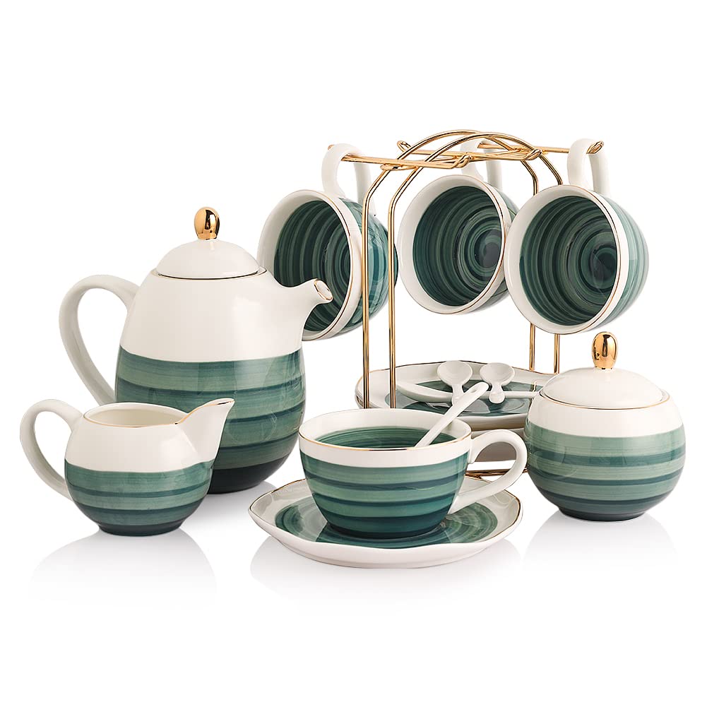 Sweejar Porcelain Tea Sets, 8 OZ Cups &amp; Saucer Service for 4, Teapot Sugar Bowl Cream Pitcher Teaspoons and Tea Strainer for Adult Tea Coffee Afternoon Party(Blue)