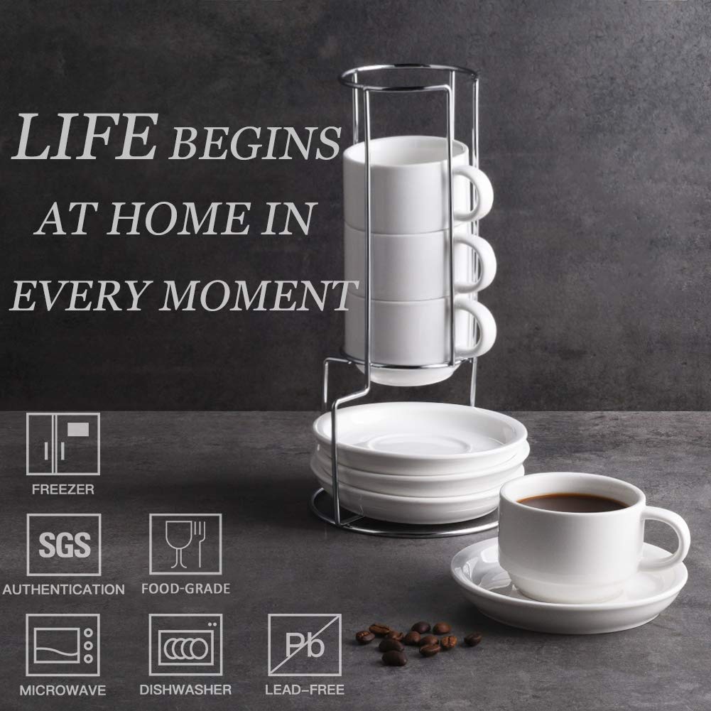 Sweejar Porcelain Espresso Cups with Saucers, 2.5 Ounce Stackable Cappuccino Cups with Metal Stand for Coffee Drinks, Latte, Tea - Set of 4 (Black)