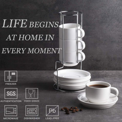 Sweejar Porcelain Espresso Cups with Saucers, 2.5 Ounce Stackable Cappuccino Cups with Metal Stand for Coffee Drinks, Latte, Tea - Set of 4 (Black)