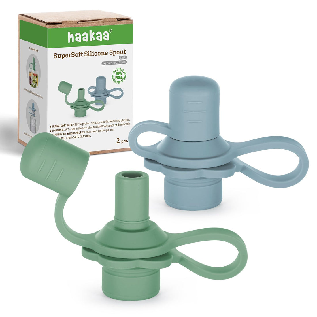haakaa Multi-Functional Silicone Spout,Baby Pouch Topper,No Spill Silicone Bottle Top,100% Food Grade Silicone,2 Pack
