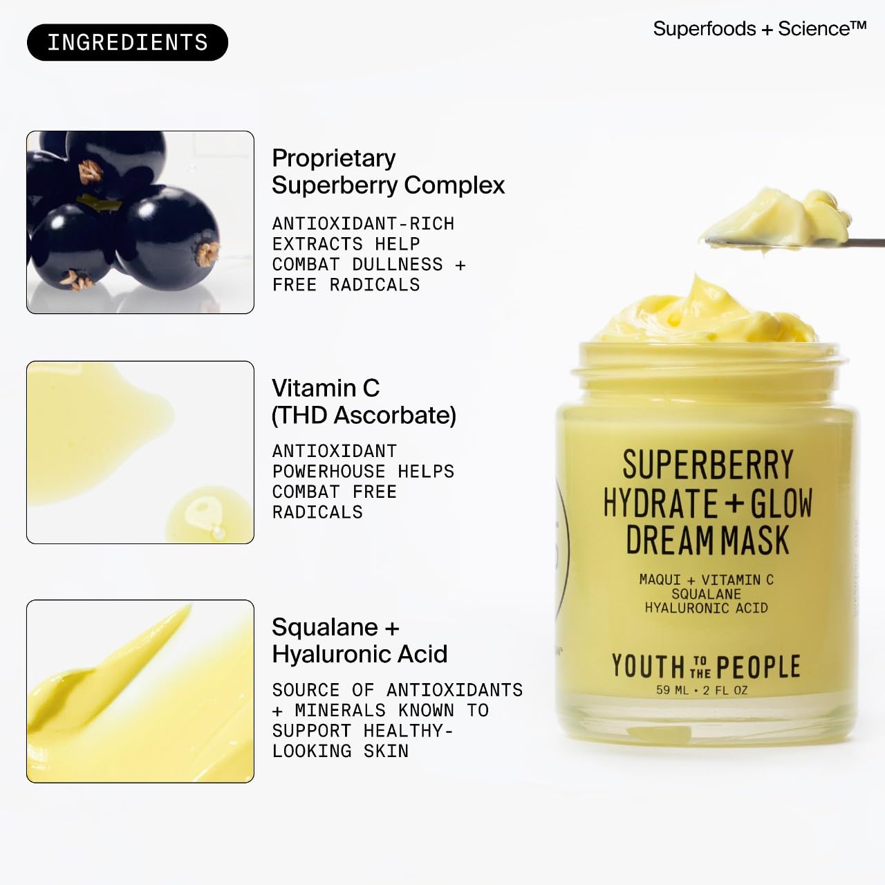 YTTP Hydrate + Glow Dream Overnight Face Mask - Brightening Skin Care Cream &amp; Moisturizing Facial Mask with Hyaluronic Acid, Vitamin C &amp; Squalane Oil for Even Skin Tone - Vegan Skincare (2oz)