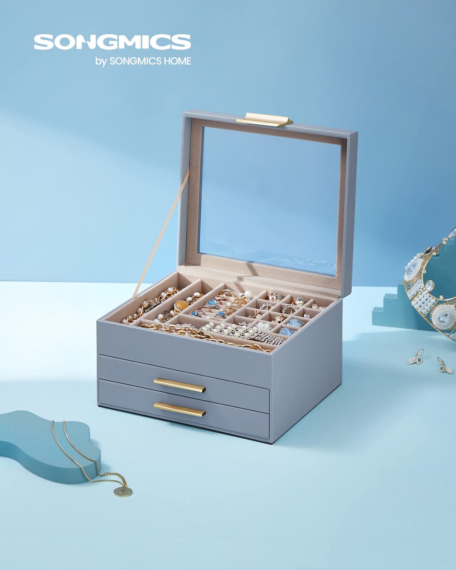 SONGMICS Jewelry Box with Glass Lid, 3-Layer Jewelry Organizer, 2 Drawers, for Big and Small Jewelry, Jewelry Storage, Modern Style, 8 x 9.1 x 5.3 Inches, Cloud White and Gold Color UJBC239WT