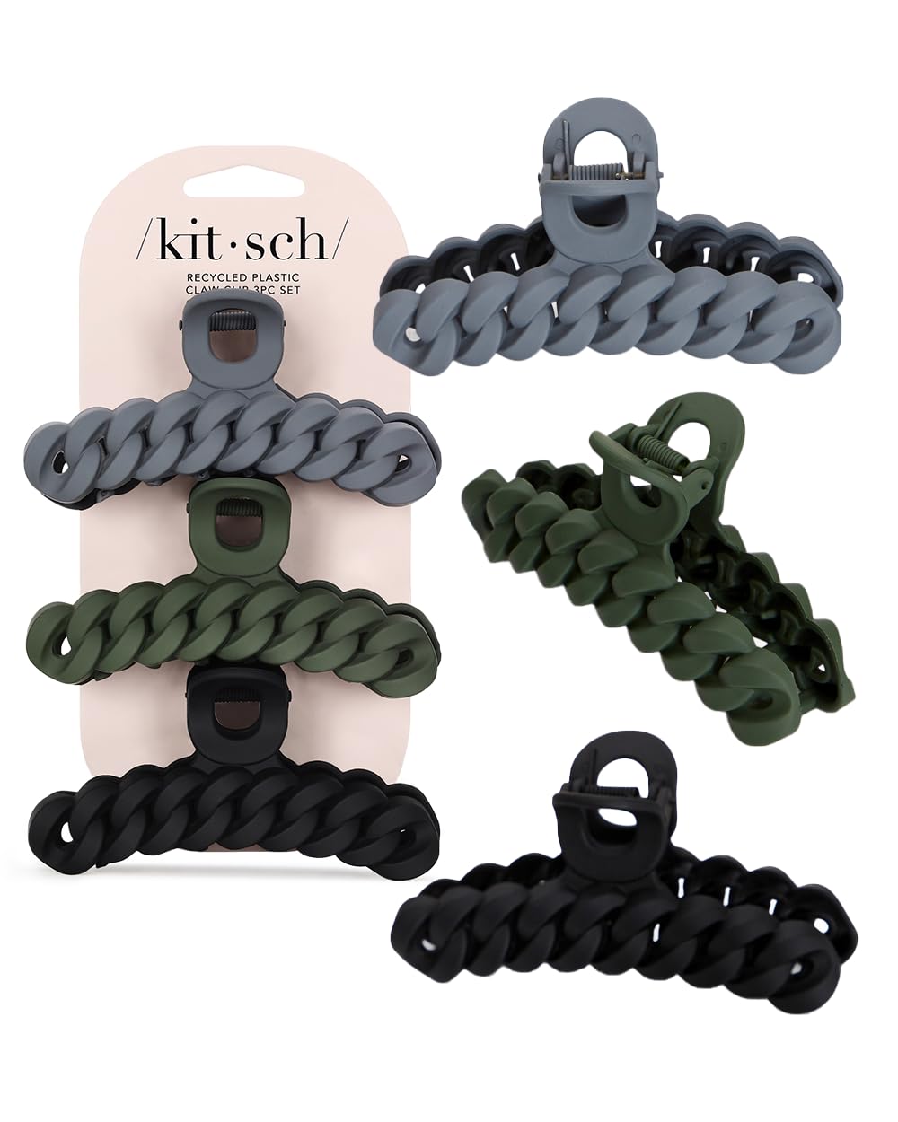 Kitsch Recycled Plastic Large Claw Clip - Big Chain Hair Clips for Women | Large Hair Claw Clips &amp; Jaw Clips| Big Claw Clips for Thick Hair | Claw Hair Clips for Girls (3pc Set Large Neutrals)