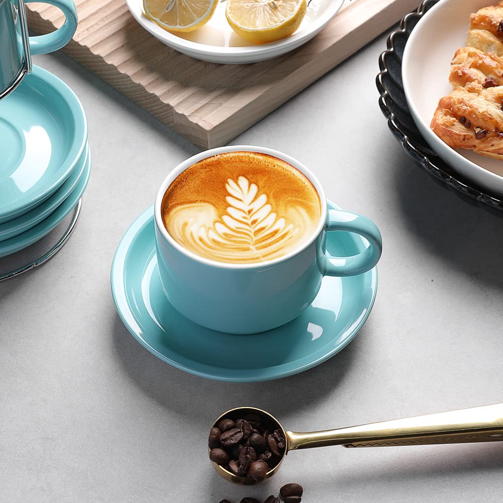 Sweejar Porcelain Espresso Cups with Saucers, 2.5 Ounce Stackable Cappuccino Cups with Metal Stand for Coffee Drinks, Latte, Tea - Set of 4 (Black)