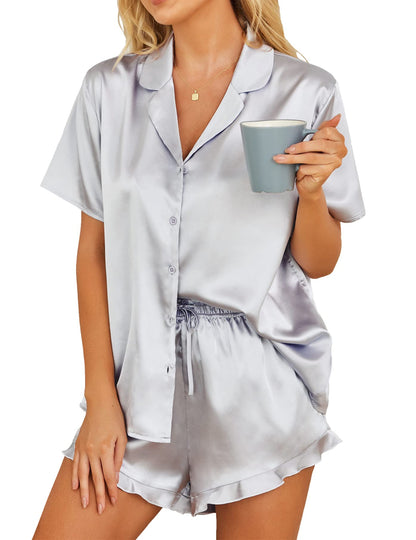 HOTOUCH Womens Satin Pajamas Set Button Down 2 Piece Silk Pjs Shorts Set Ruffle Lingerie Notch Collar Sleepwear
