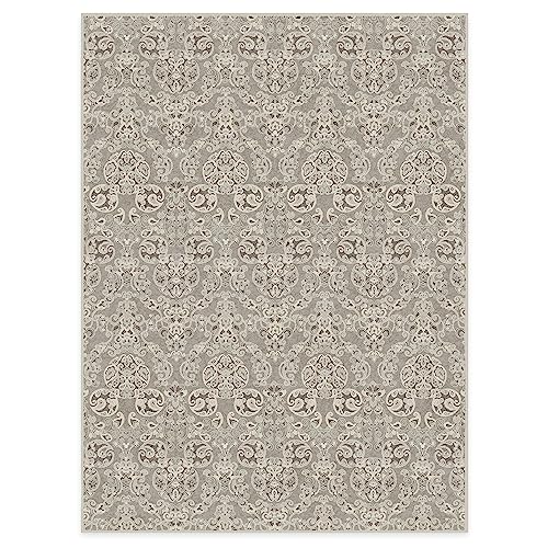 RUGGABLE Disney Traditional Mickey Mouse Washable Rug - Perfect Area Rug for Nursery Playroom Kids Room - Pet &amp; Child Friendly - Stain &amp; Water Resistant - Damask Grey 3&