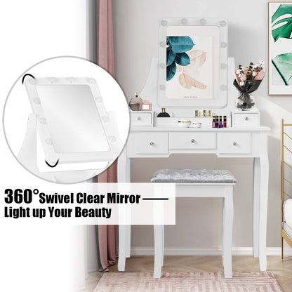 DORTALA Vanity Table Set with 360° Mirror &amp; Cushioned Stool, Makeup Table with 10 LED Dimmable Bulbs, Bedroom Wood Dressing Table with 5 Drawers and Removable Box Organizer, Gift for Females (White)