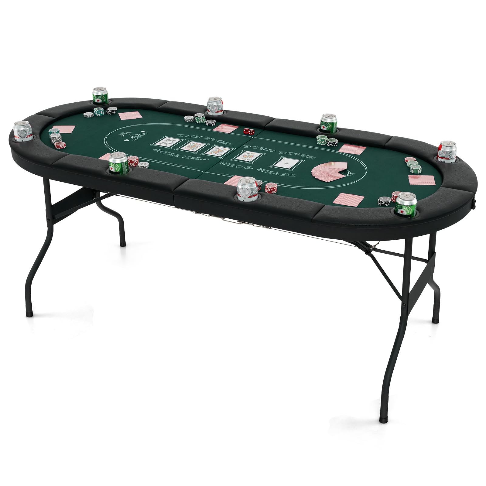 GYMAX Poker Table Foldable, 8-Player Texas Holdem Poker Table with Metal Cup Holders, Casino Grade Felt &amp; Padded Rails, Portable Folding Poker Table for Leisure Game, Homes, Game Rooms (Black)