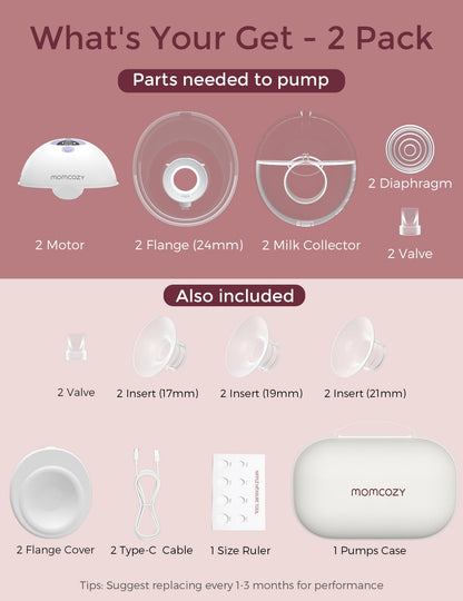 Momcozy Breast Pump Hands Free M5, Wearable Breast Pump of Baby Mouth Double-Sealed Flange with 3 Modes &amp; 9 Levels, Electric Breast Pump Portable - 24mm, 2 Pack Mint