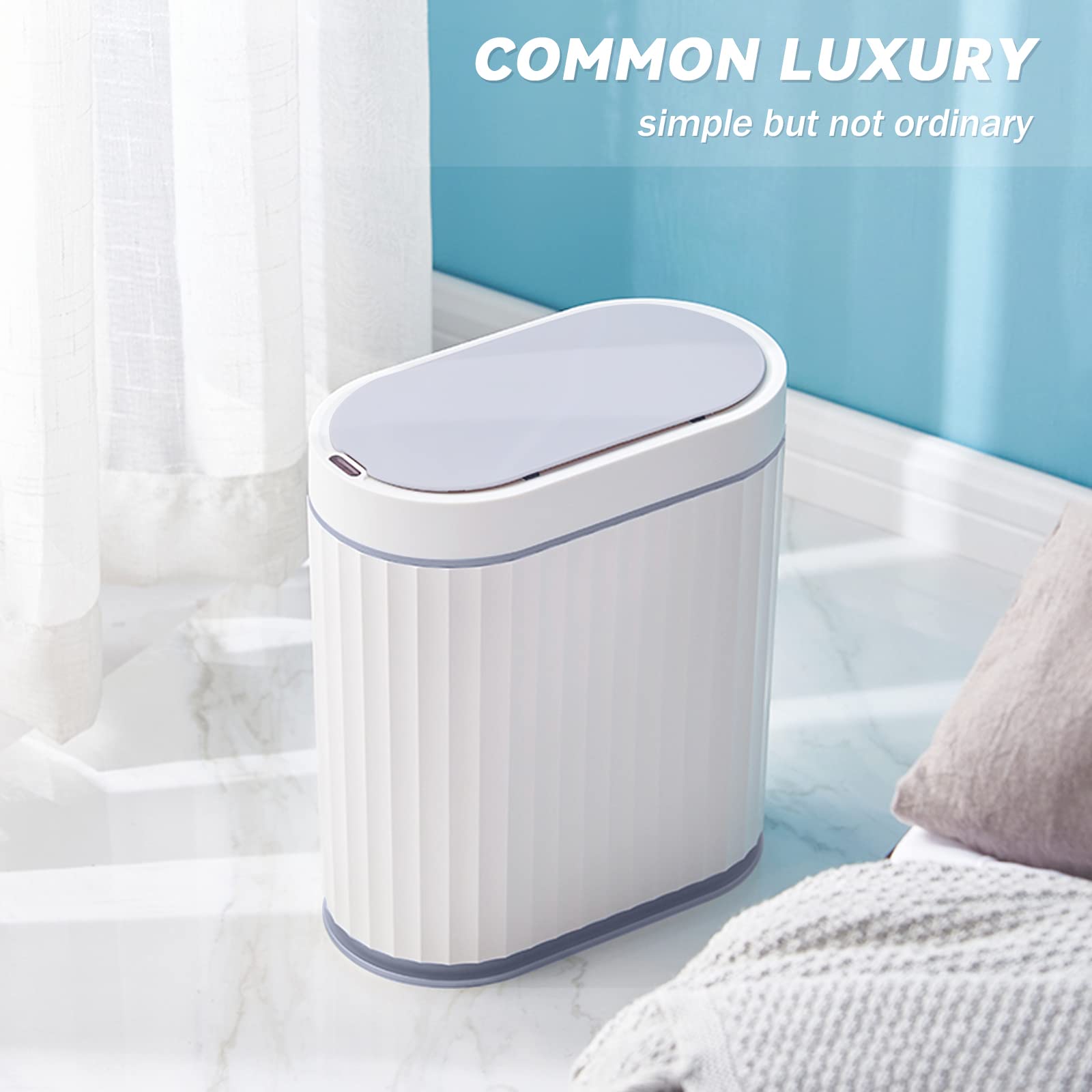 ELPHECO Mini Desktop Trash Can with Lid, Small Slim Automatic Garbage Can, 1.3 Gallon Motion Sensor Countertop Waste Basket for Bedroom, Office, Bathroom, White with Grey Trim