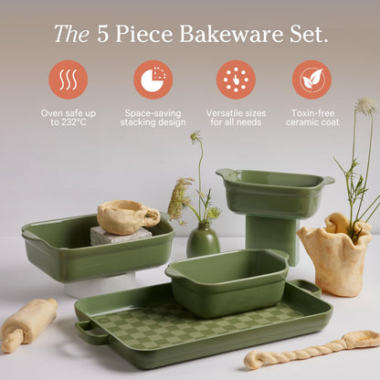 Our Place Bakeware Set | 5-Piece Nonstick, Toxin-Free, Ceramic, Stoneware Set with Oven Pan, Bakers, &amp; Oven Mat | Space-Saving Nesting Design | Oven-Safe | Bake, Roast, Griddle and more | Steam
