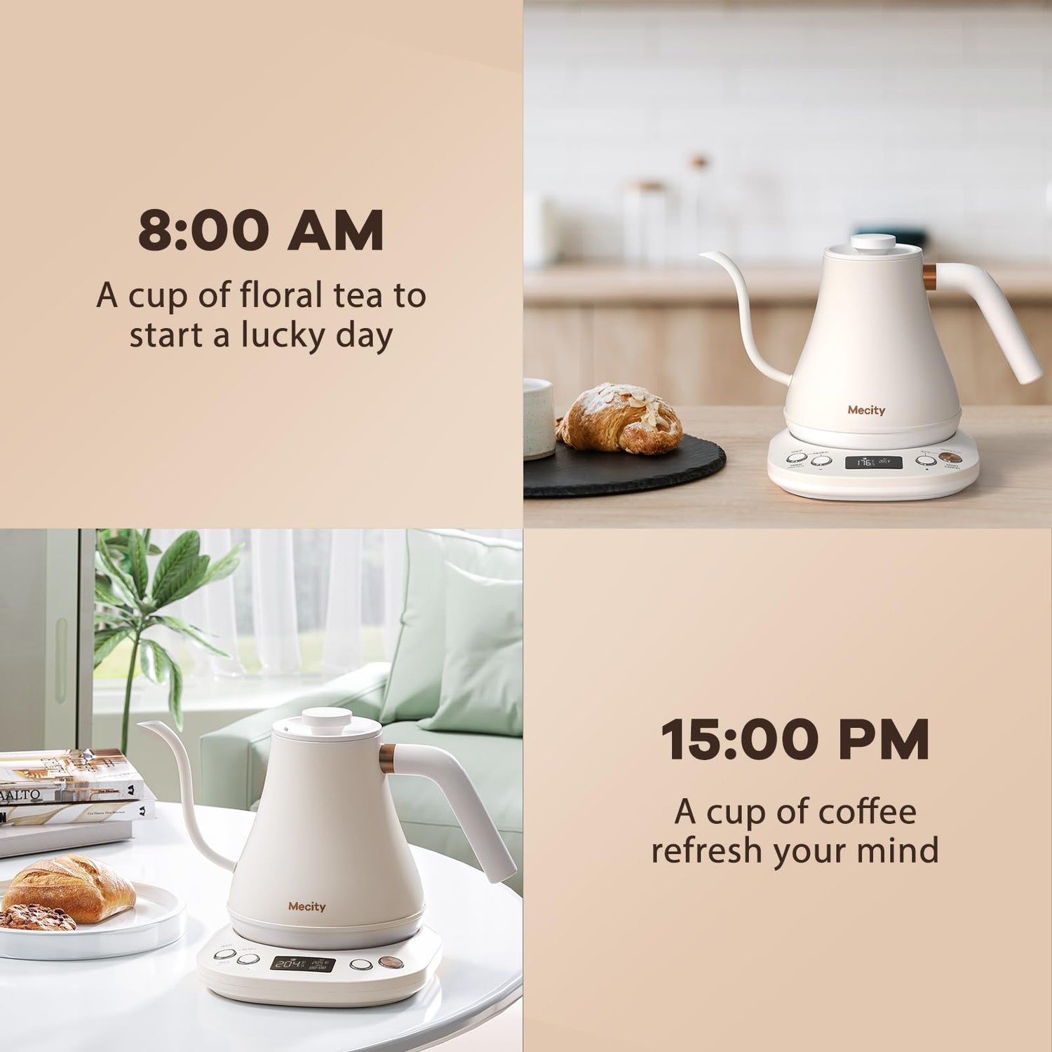 Mecity Electric Gooseneck Kettle With Keep Warm Function &amp; LCD Display Automatic Shut Off Coffee Kettle Temperature Control Pour Over Kettle 1200 Watt, 0.8L, 120V, Off White