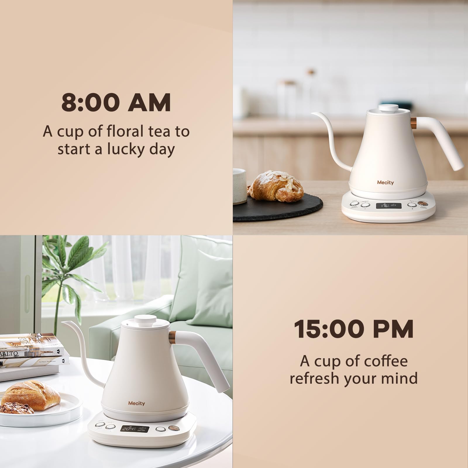 Mecity Electric Gooseneck Kettle With Keep Warm Function &amp; LCD Display Automatic Shut Off Coffee Kettle Temperature Control Pour Over Kettle 1200 Watt, 0.8L, 120V, Off White