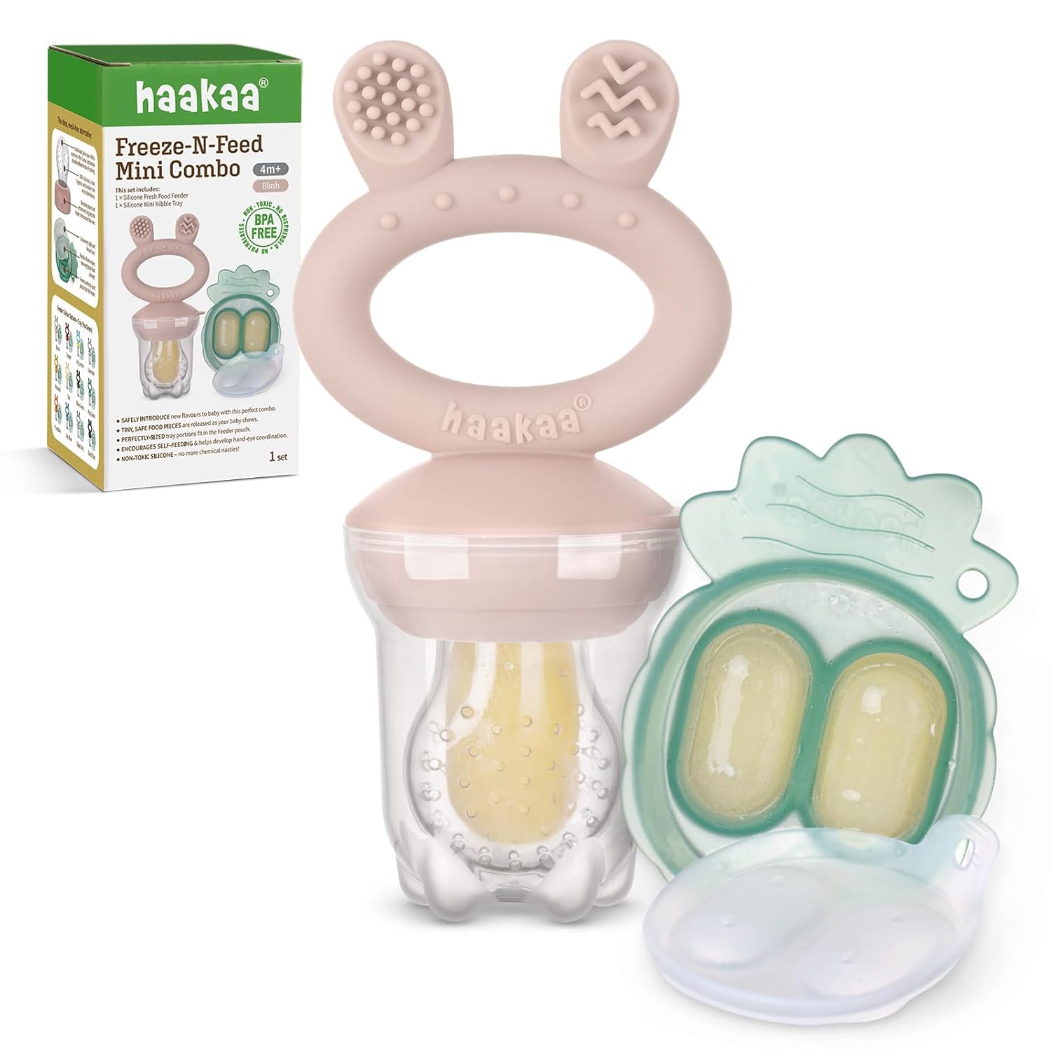 Haakaa Baby Fruit Food Feeder &amp; Mini Freezer Nibble Tray Combo, Breastmilk Popsicle Molds for Cooling Relief, BPA Free Silicone Feeder for Safe Infant Self Feeding, 4 Month+ (Pea Green)
