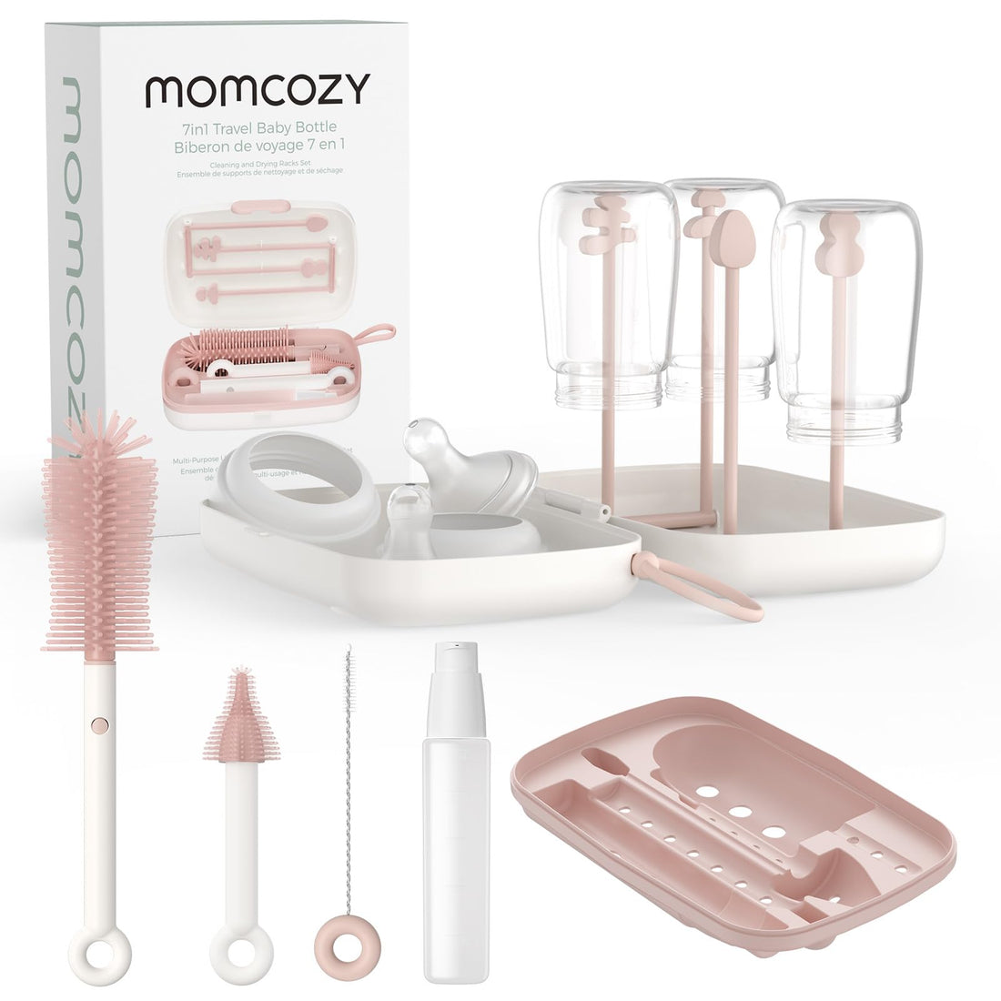 Momcozy Bottle Brush Kit, Innovative Push-Press Design for Better Cleaning - Baby Bottle Cleaner Brush for Baby Bottle, Breast Pumps, Nipples, and More - Can Generate Foam for Better Cleaning, Pink