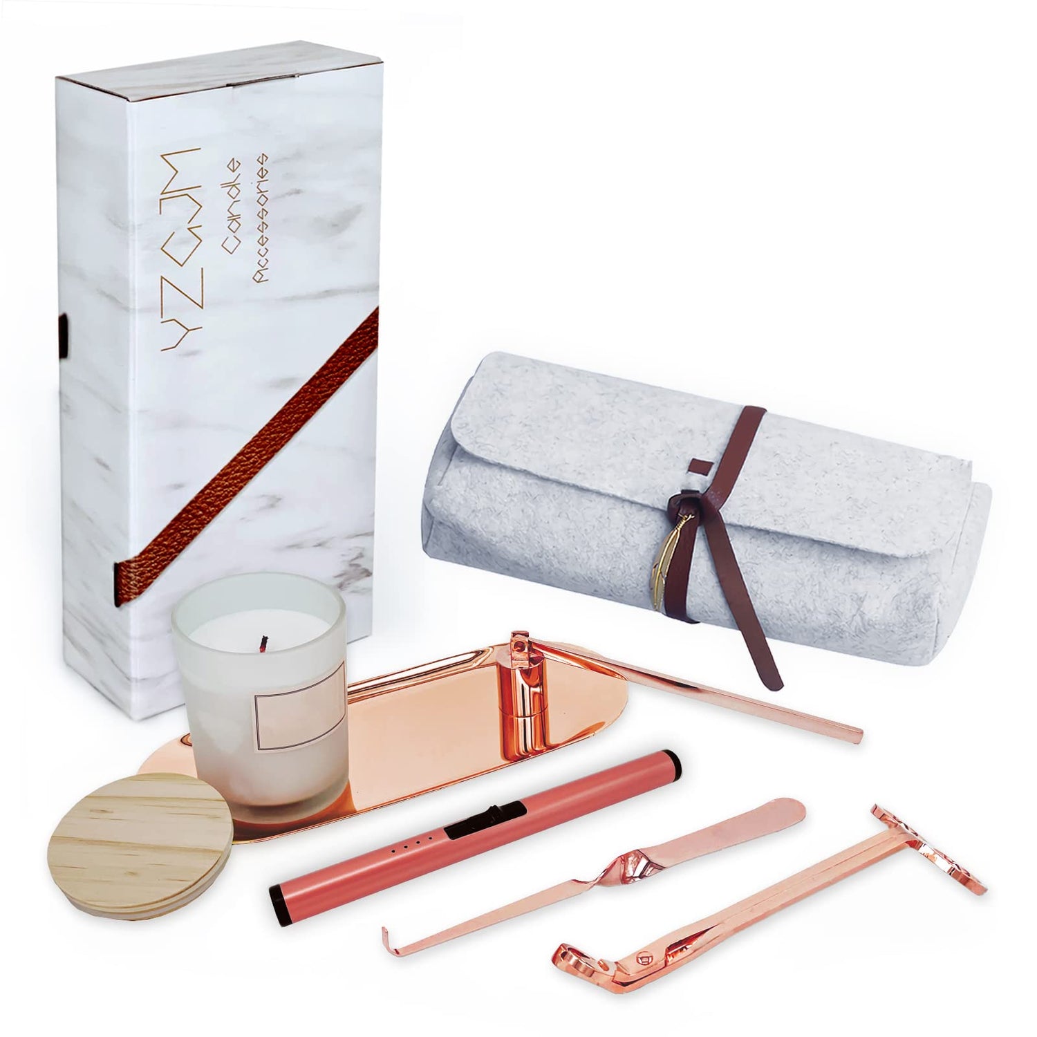 Exquisite Candle Accessories Tool Pack Bag, Rechargeable Electric Lighter， Wick Trimmer, Dipper, Snuffer and Tray Holder Elegant Kit Gift for Candle Lovers in Dating, Valentines Decor. ( Lemon Gold )