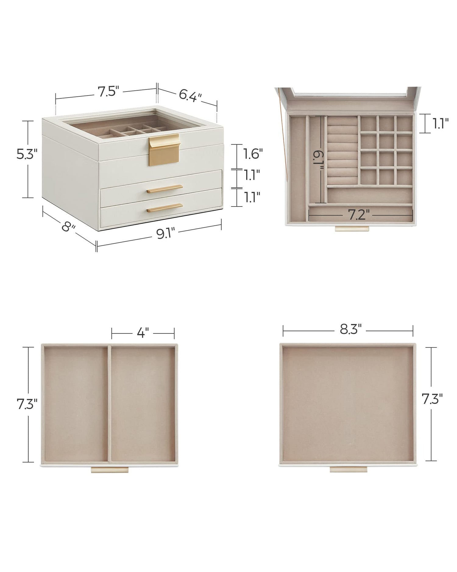 SONGMICS Jewelry Box with Glass Lid, 3-Layer Jewelry Organizer, 2 Drawers, for Big and Small Jewelry, Jewelry Storage, Modern Style, 8 x 9.1 x 5.3 Inches, Cloud White and Gold Color UJBC239WT
