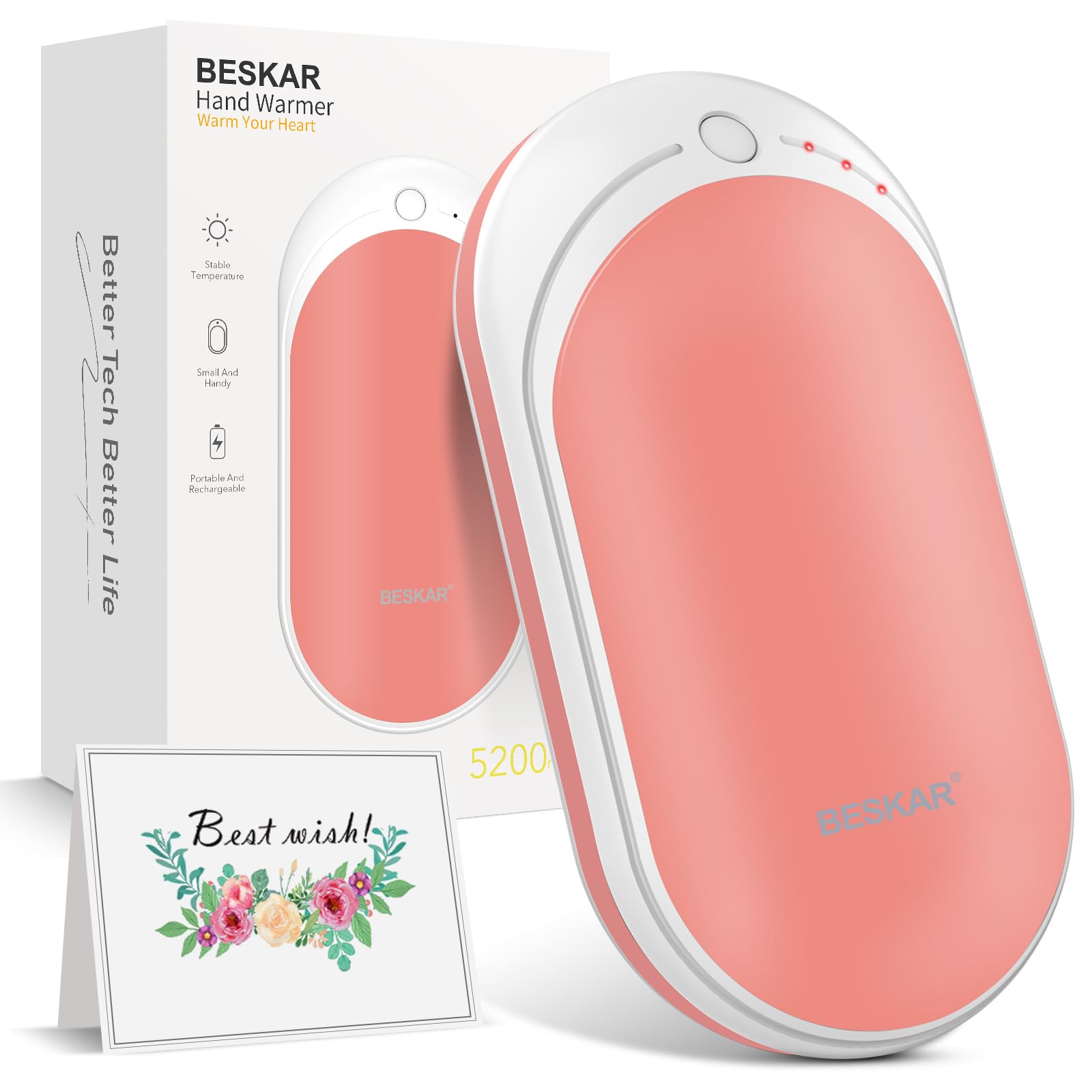 BESKAR Rechargeable Hand Warmer, 5200mAh Electric Hand Heater, Double-Sided Heating, USB Quick Charge, Portable Pocket Hand Warmer for Outdoor, Golf, Raynauds - Winter Gift