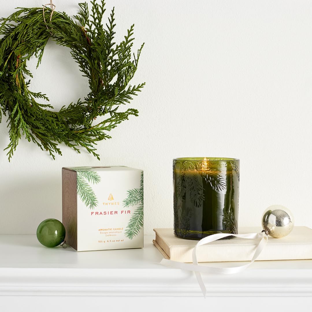 Thymes Frasier Fir Candle - Molded Green Glass Candle Jar - Scented Candle for A Fresh Home Fragrance - Single-Wick Candle (6.5 oz)