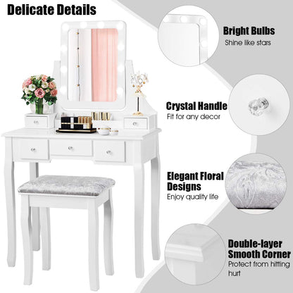 DORTALA Vanity Table Set with 360° Mirror &amp; Cushioned Stool, Makeup Table with 10 LED Dimmable Bulbs, Bedroom Wood Dressing Table with 5 Drawers and Removable Box Organizer, Gift for Females (White)
