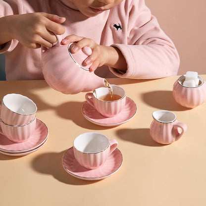 Sweejar Porcelain Tea Set for Little Girls,Kitchen Toys Tea Party Set for Kids Toddler Kitchen Pretend Toy Include Children Teapot, Cup &amp; Saucer Set of 4, Sugar Bowl and Cream Pitcher(Pink)