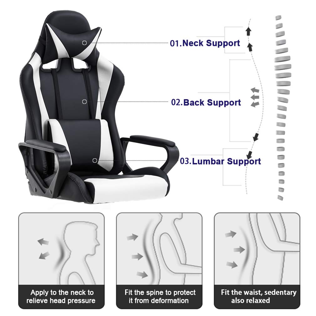 Ergonomic Office Chair, High-Back White Gaming Chair with Lumbar Support PC Computer Chair Racing Chair PU Task Desk Chair Ergonomic Executive Swivel Rolling Chair for Back Pain Women, Men (Black)