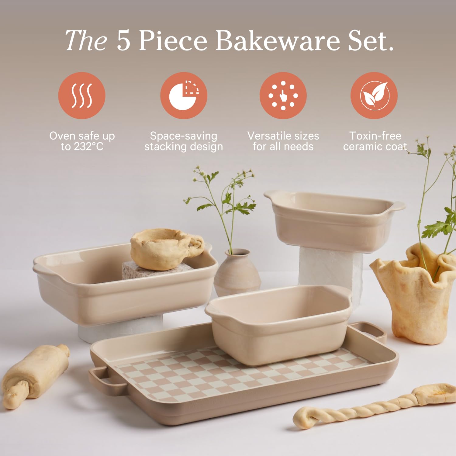 Our Place Bakeware Set | 5-Piece Nonstick, Toxin-Free, Ceramic, Stoneware Set with Oven Pan, Bakers, &amp; Oven Mat | Space-Saving Nesting Design | Oven-Safe | Bake, Roast, Griddle and more | Steam